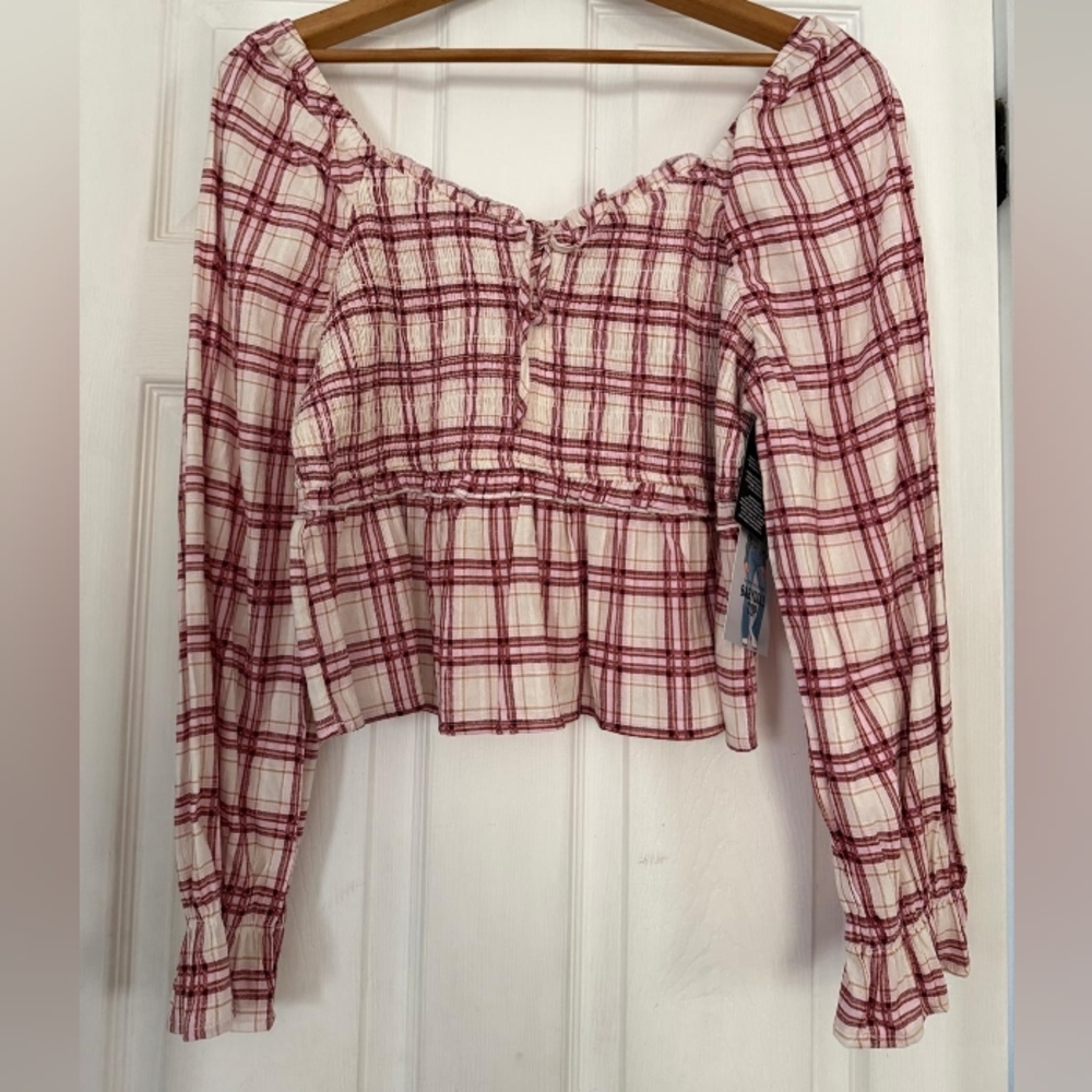 Celebrity Pink Red & White Plaid Peasant Top